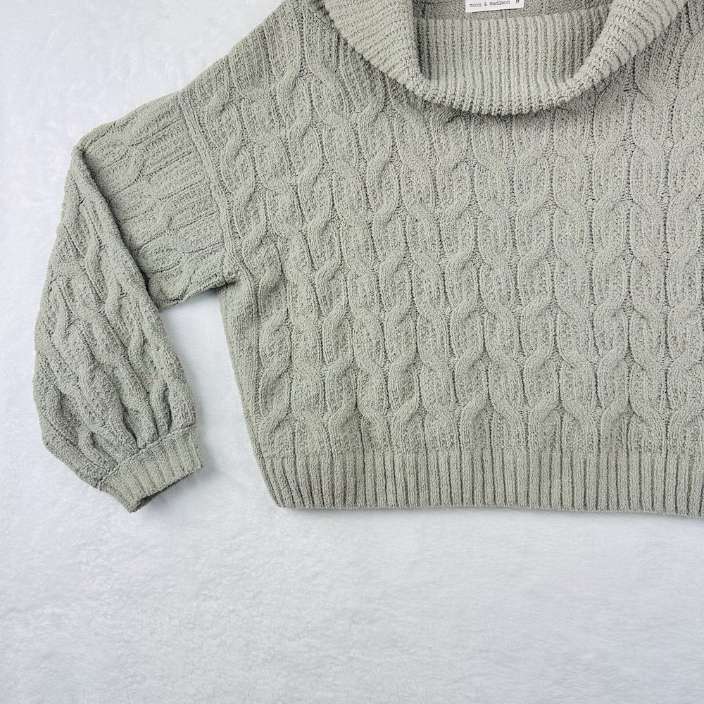 Moon And Madison Womens Sweater M Sage‎ Green Chenille Cowl Neck  Cable Knit EUC - Picture 4 of 13
